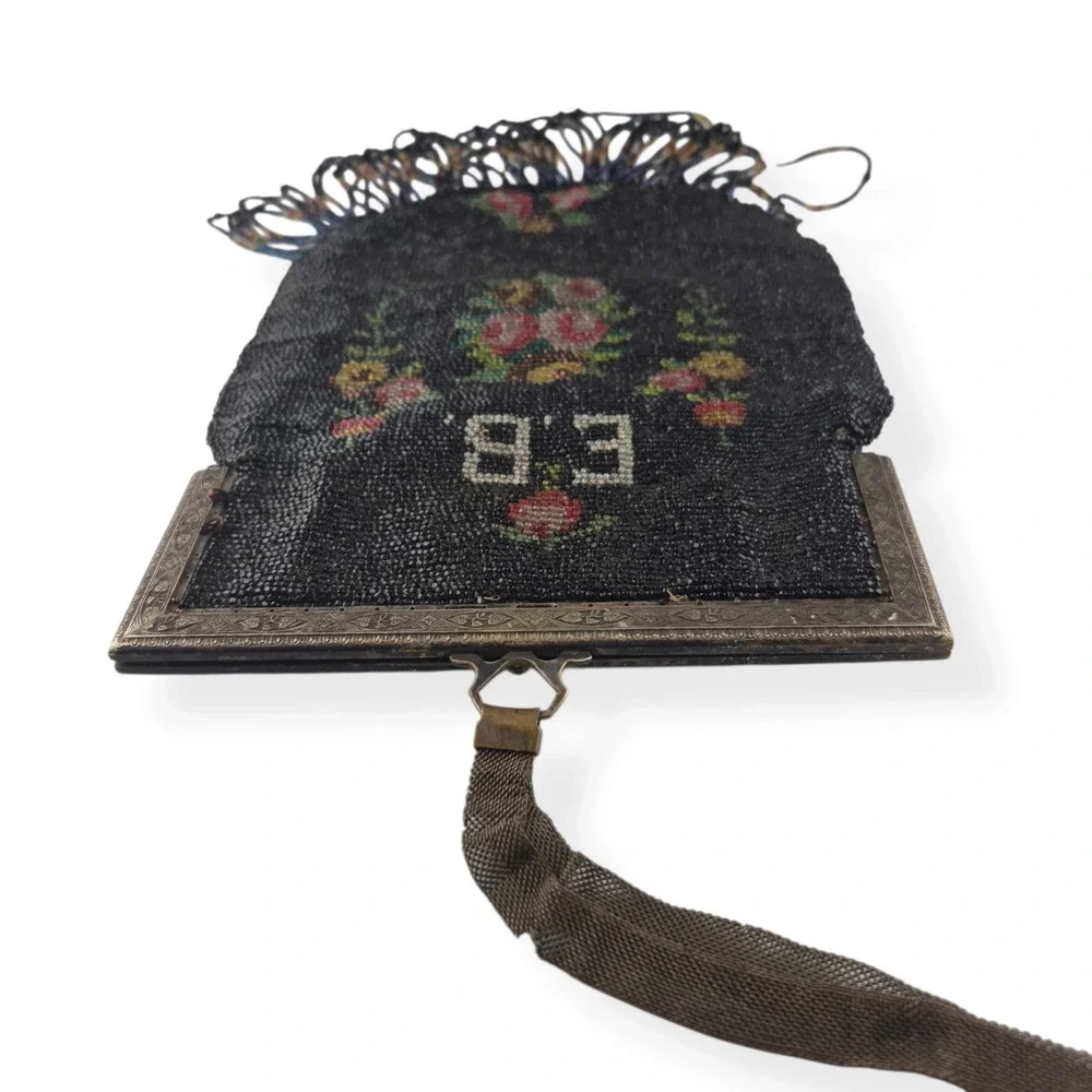 Antique Victorian Micro Beaded Purse Velvet Lining Monogram EB Double Sided 9